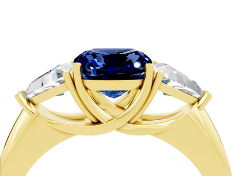 Yellow gold Three-Stone Cushion Cut Cut Diamond Ring with Trillion Side Stones and Four-Prong Setting_4