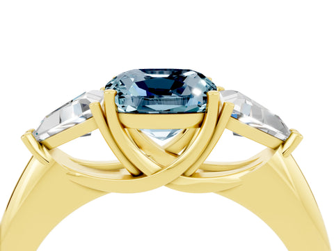 Yellow gold Three-Stone Cushion Cut Cut Diamond Ring with Trillion Side Stones and Four-Prong Setting_4