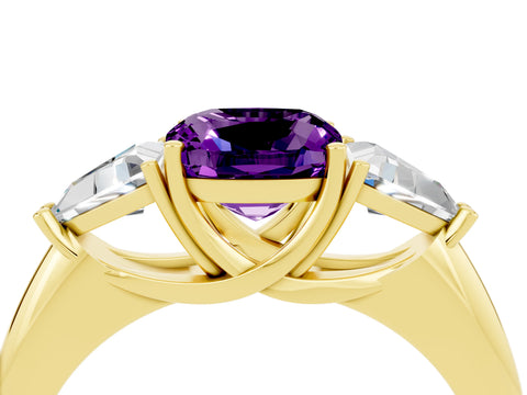 Yellow gold Three-Stone Cushion Cut Cut Diamond Ring with Trillion Side Stones and Four-Prong Setting_4