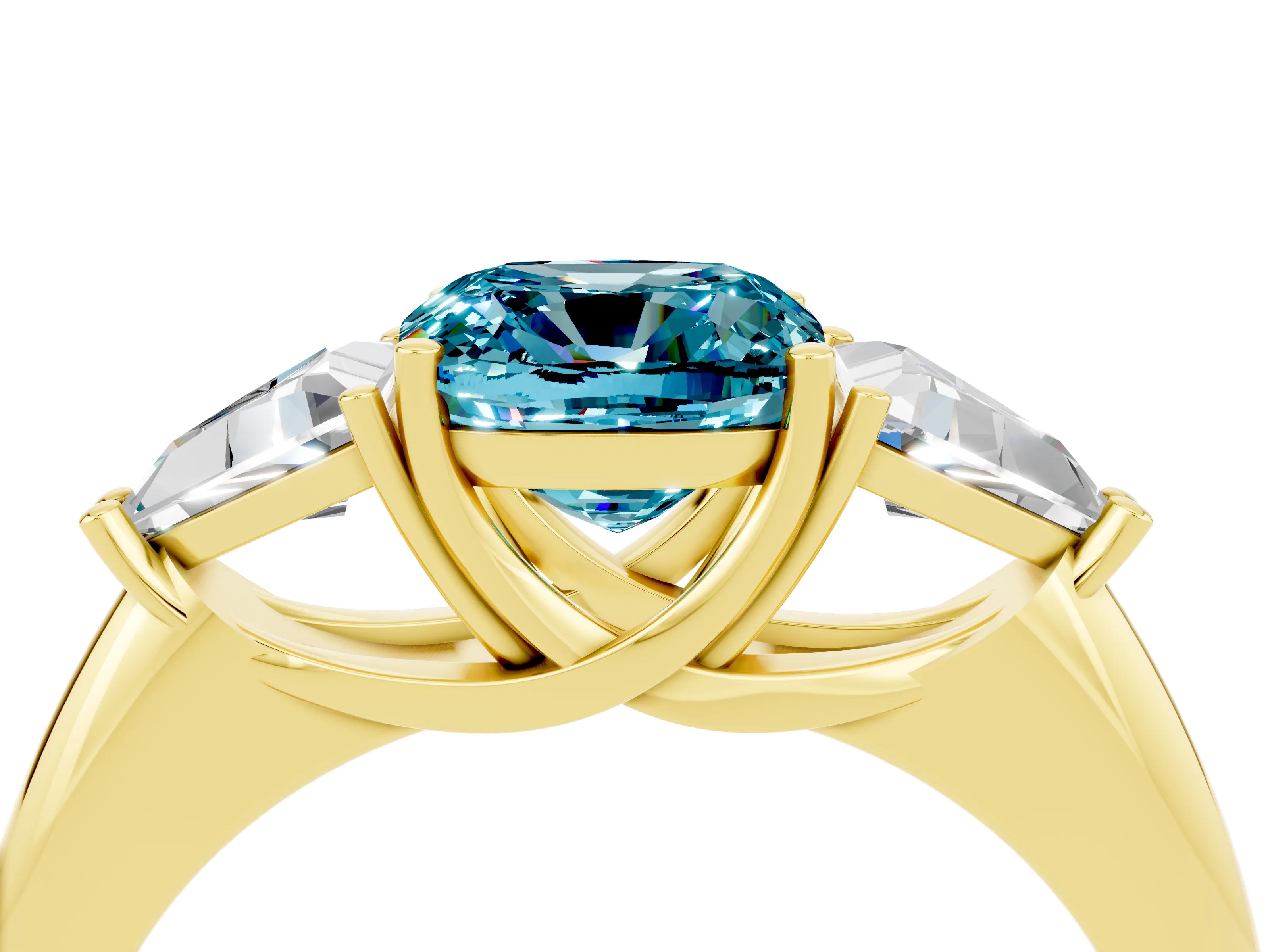 Yellow gold Three-Stone Cushion Cut Cut Diamond Ring with Trillion Side Stones and Four-Prong Setting_4