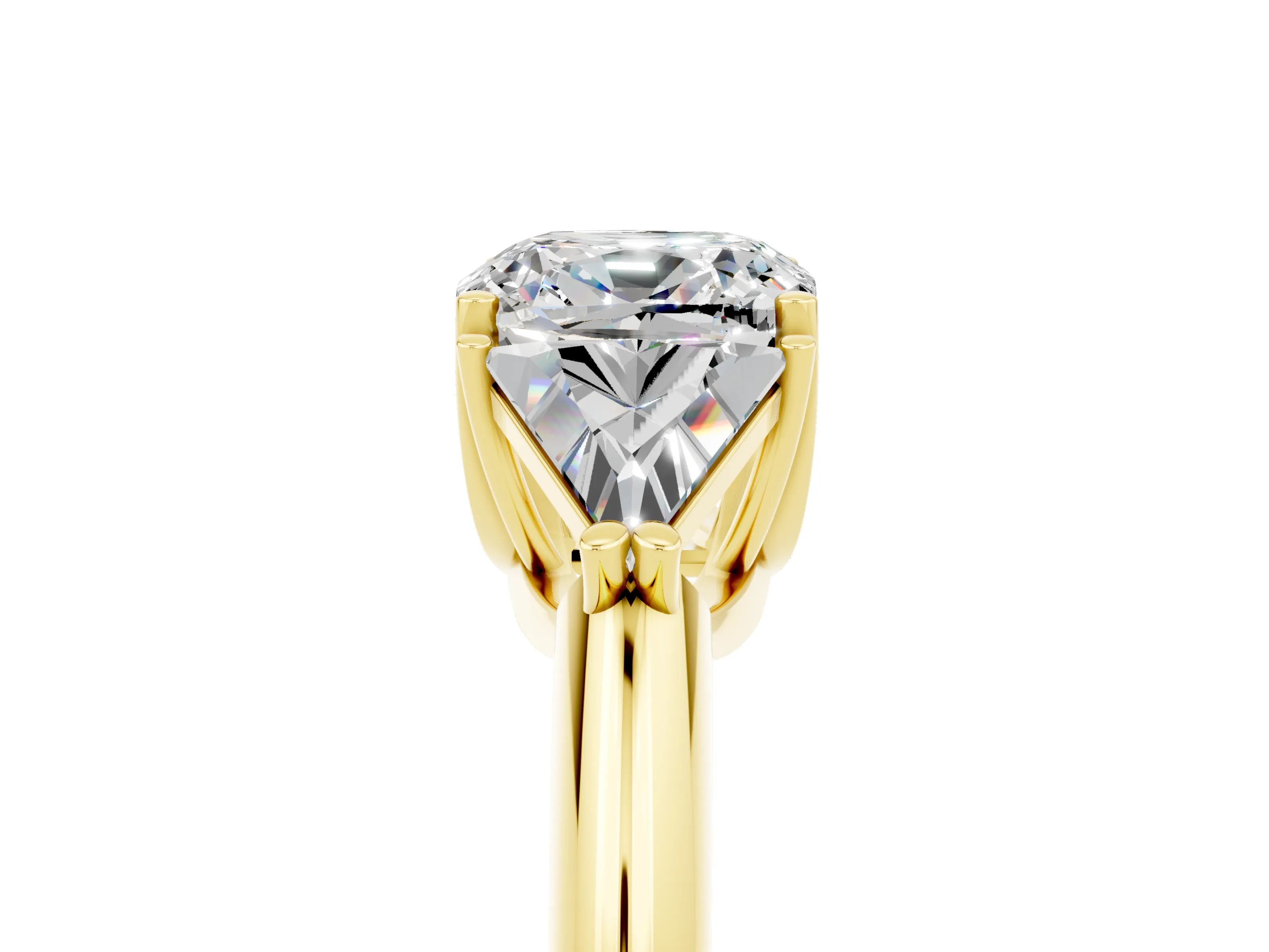 Yellow gold Three-Stone Cushion Cut Cut Diamond Ring with Trillion Side Stones and Four-Prong Setting_5