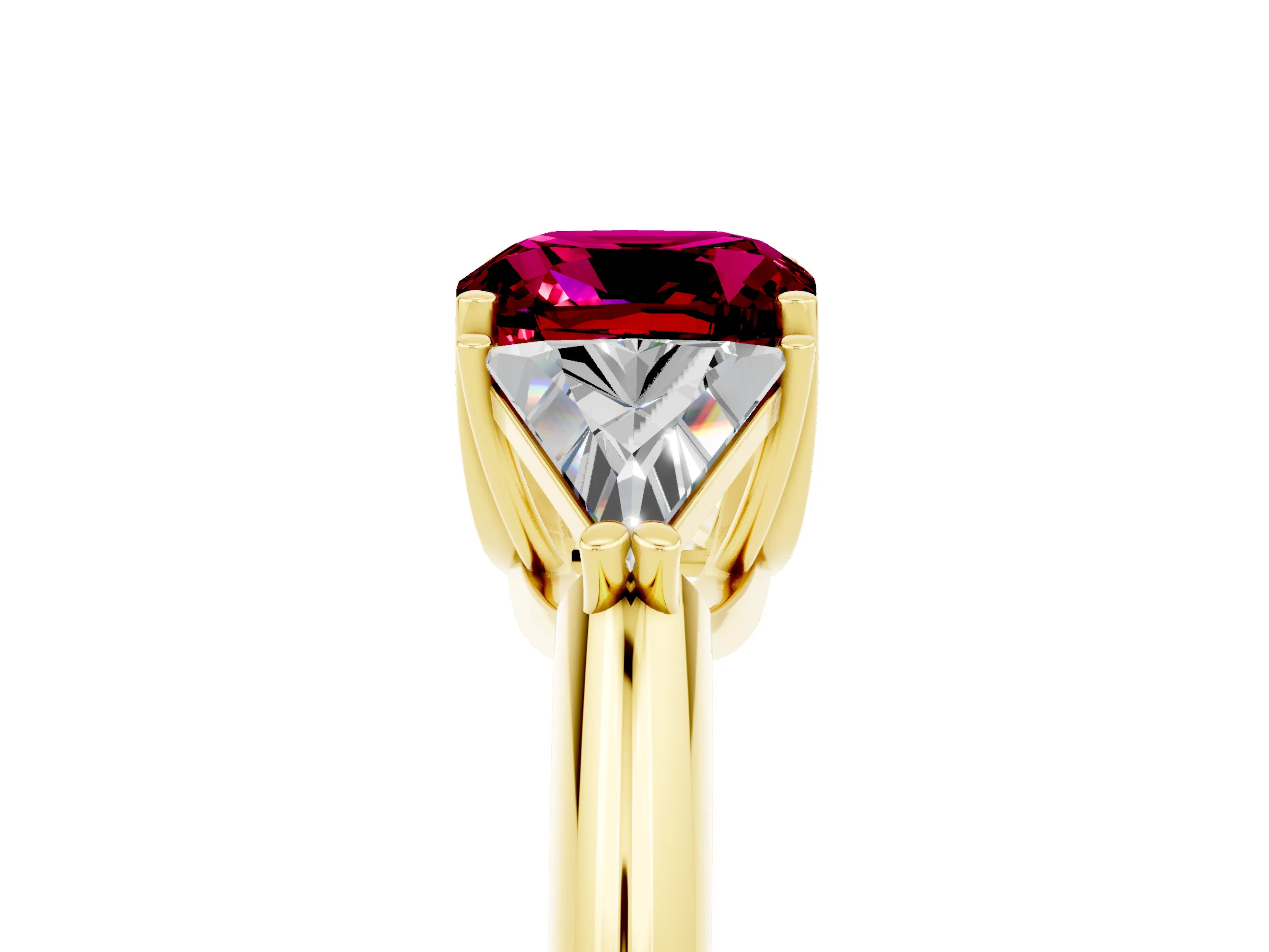 Yellow gold Three-Stone Cushion Cut Cut Diamond Ring with Trillion Side Stones and Four-Prong Setting_5