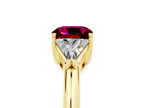 Yellow gold Three-Stone Cushion Cut Cut Diamond Ring with Trillion Side Stones and Four-Prong Setting_5