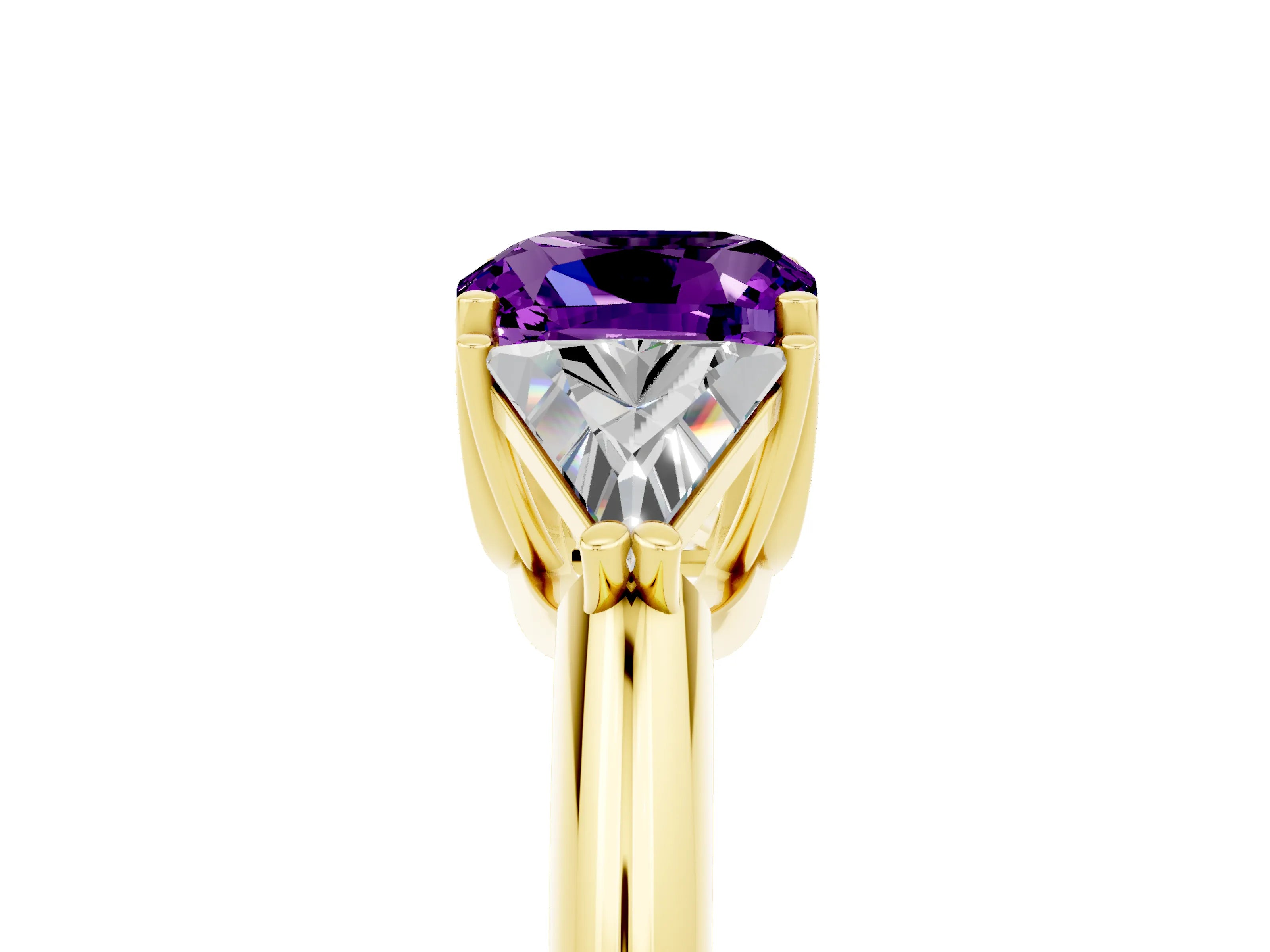 Yellow gold Three-Stone Cushion Cut Cut Diamond Ring with Trillion Side Stones and Four-Prong Setting_5