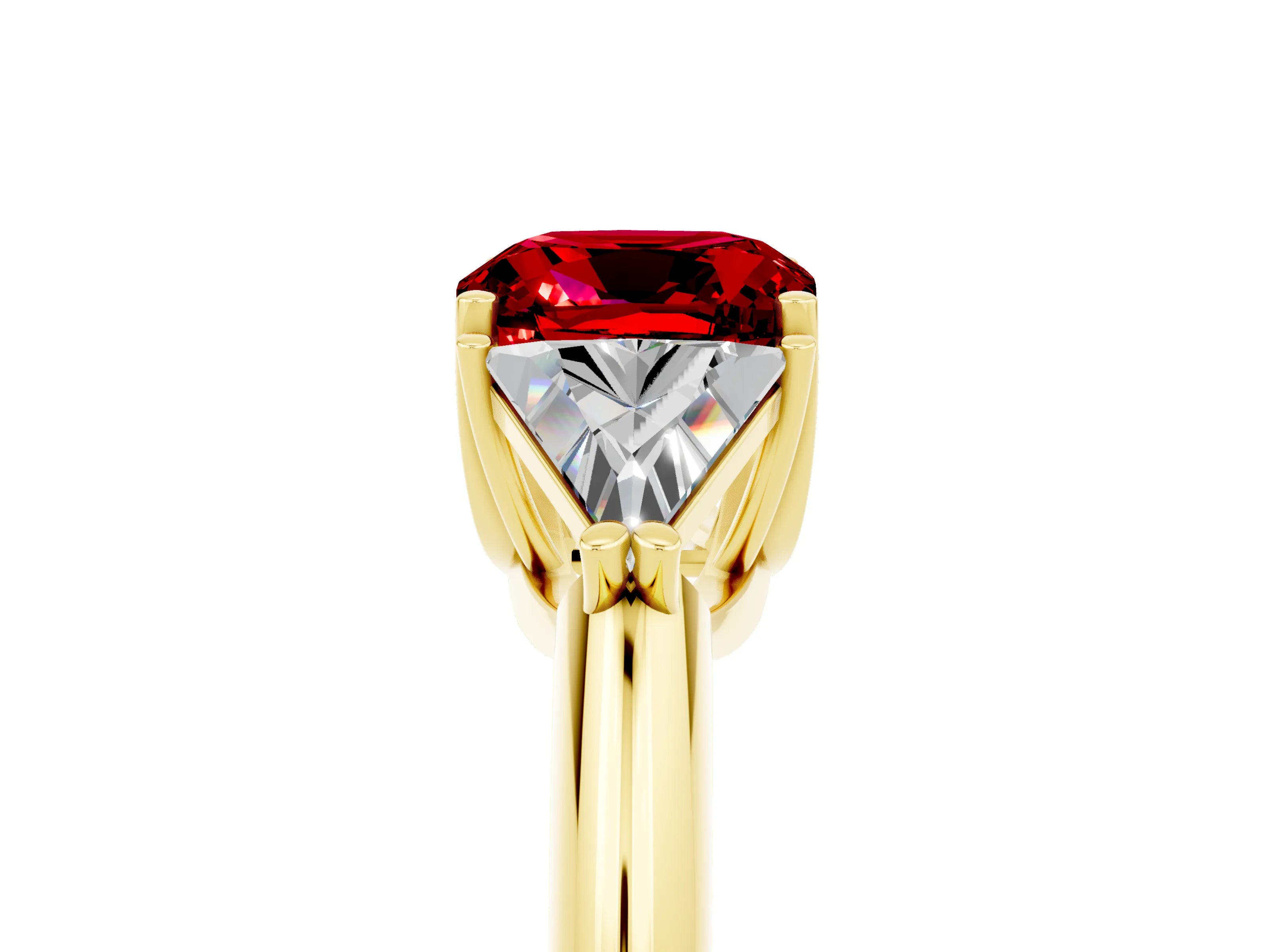 Yellow gold Three-Stone Cushion Cut Cut Diamond Ring with Trillion Side Stones and Four-Prong Setting_5