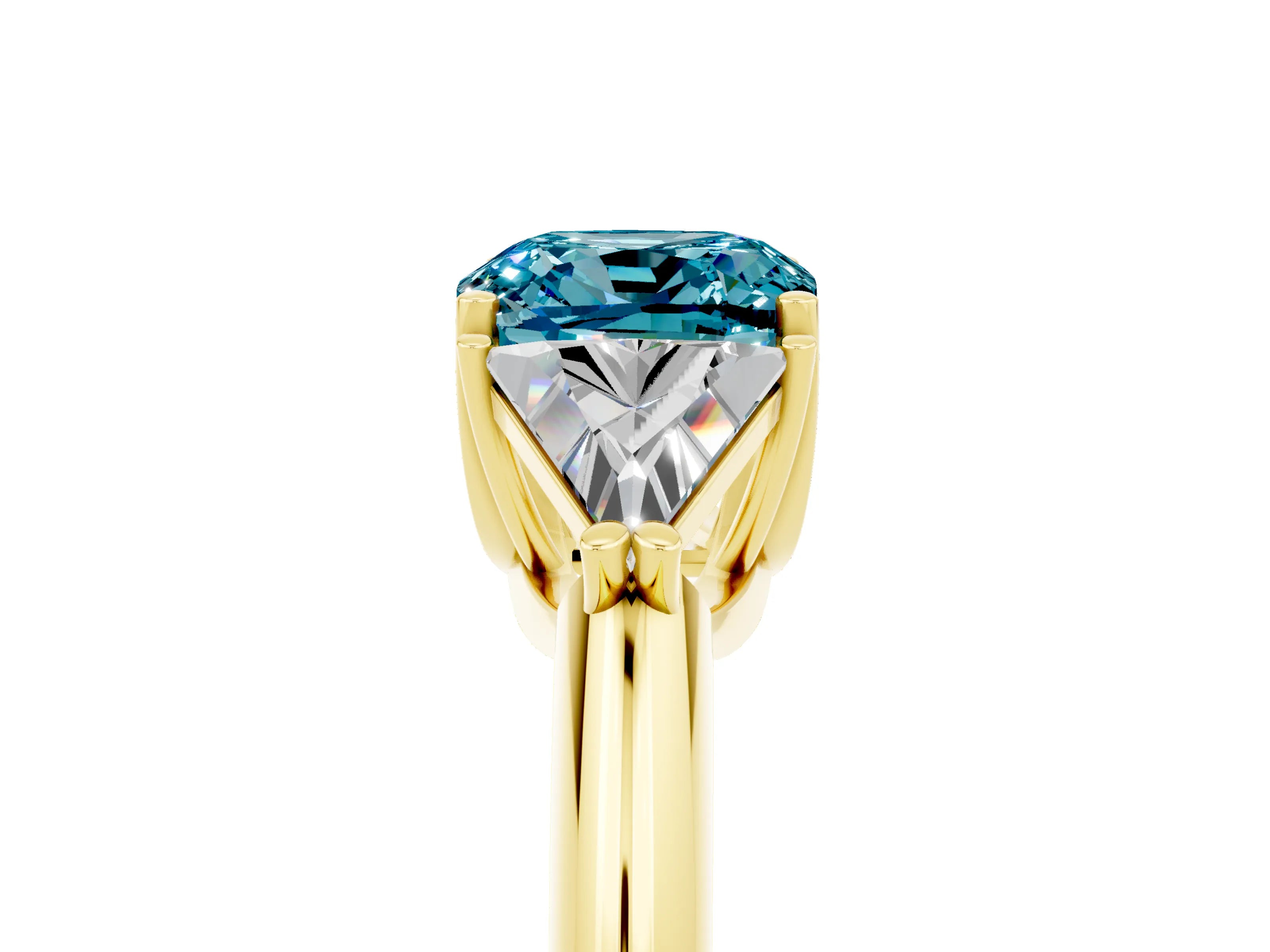 Yellow gold Three-Stone Cushion Cut Cut Diamond Ring with Trillion Side Stones and Four-Prong Setting_5