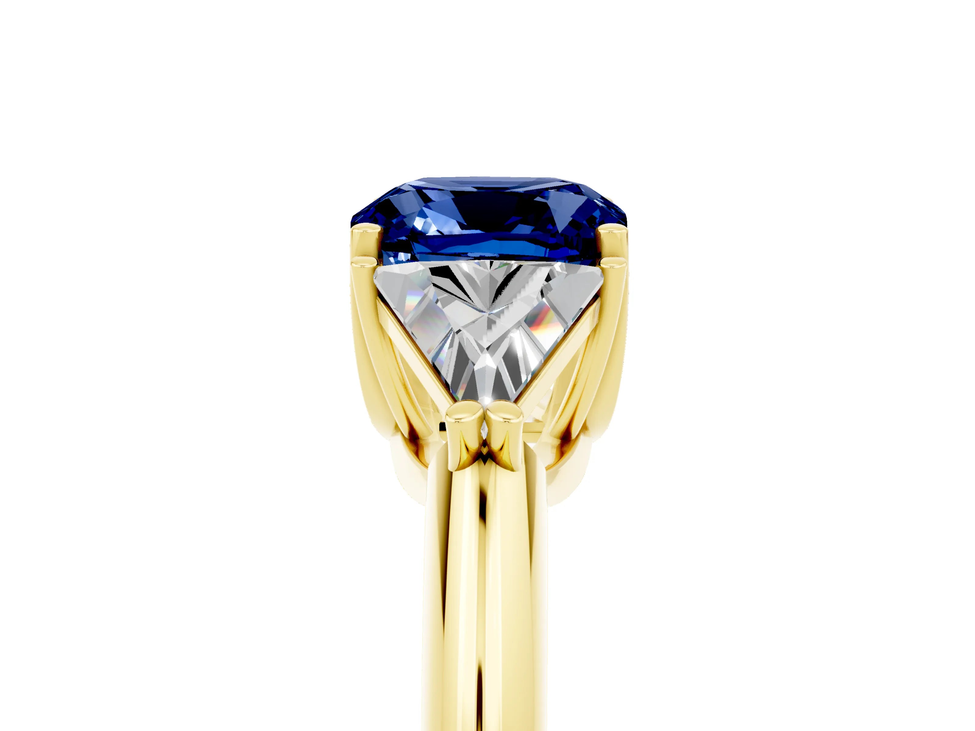 Yellow gold Three-Stone Cushion Cut Cut Diamond Ring with Trillion Side Stones and Four-Prong Setting_5