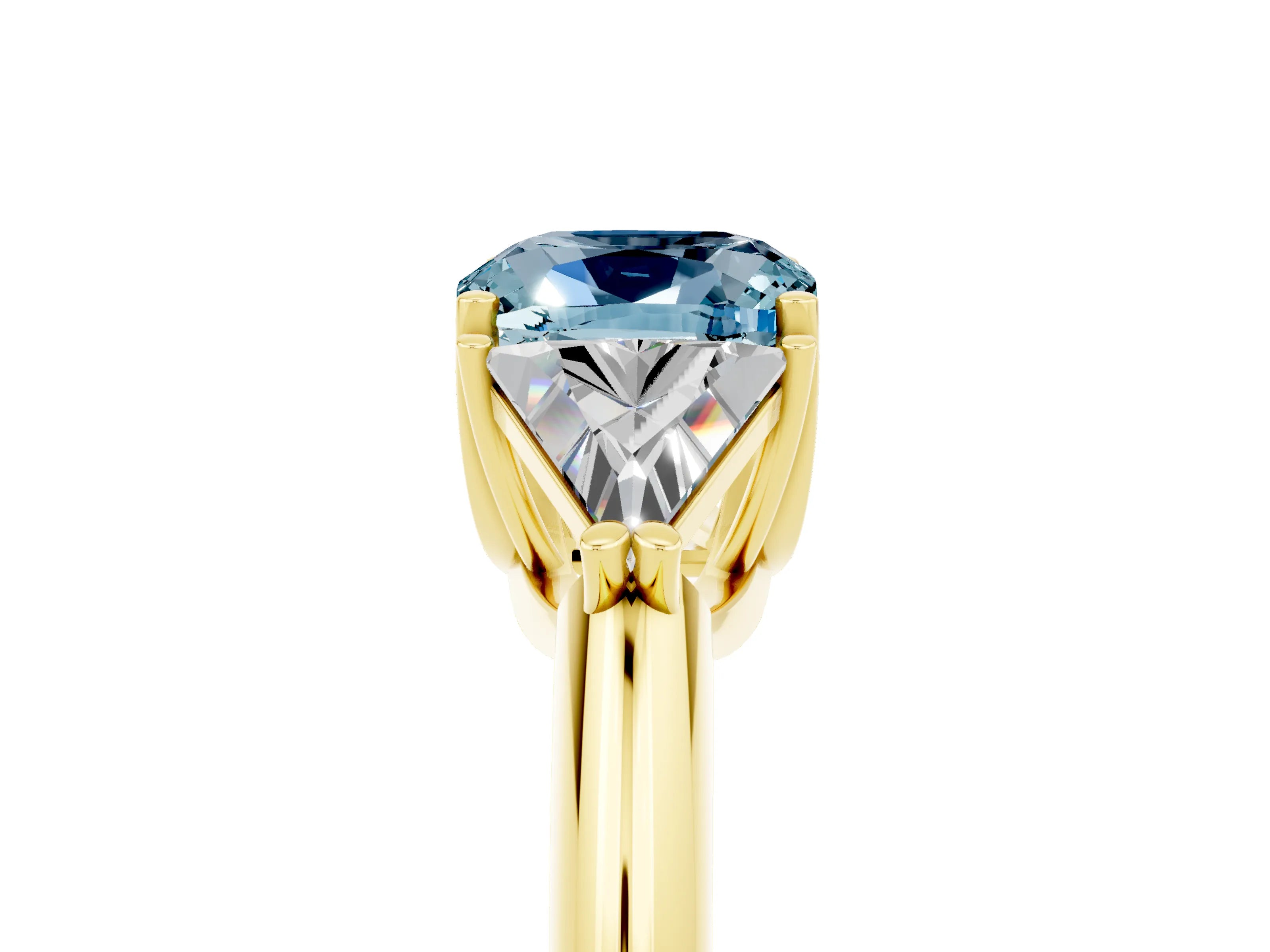 Yellow gold Three-Stone Cushion Cut Cut Diamond Ring with Trillion Side Stones and Four-Prong Setting_5