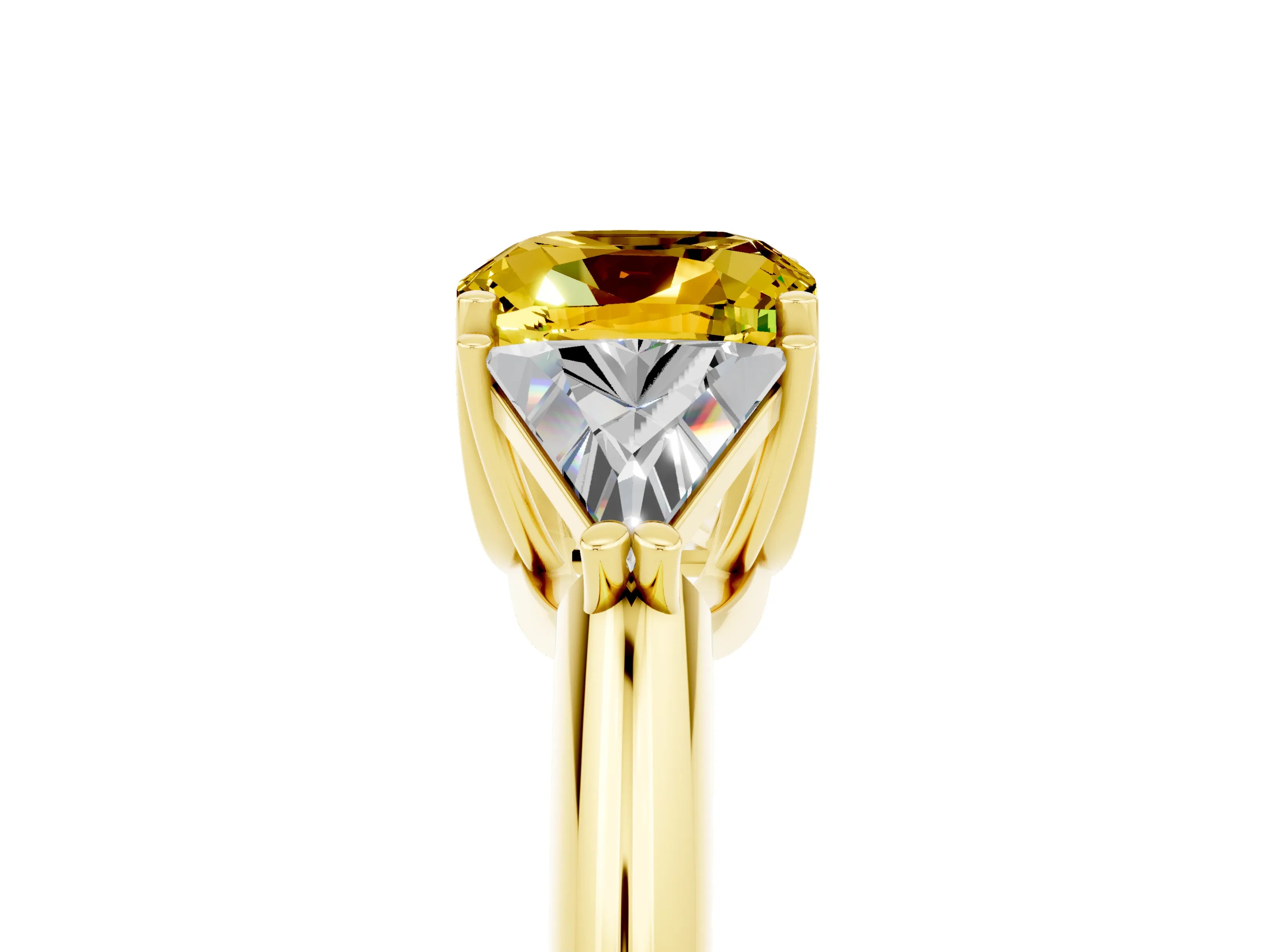 Yellow gold Three-Stone Cushion Cut Cut Diamond Ring with Trillion Side Stones and Four-Prong Setting_5
