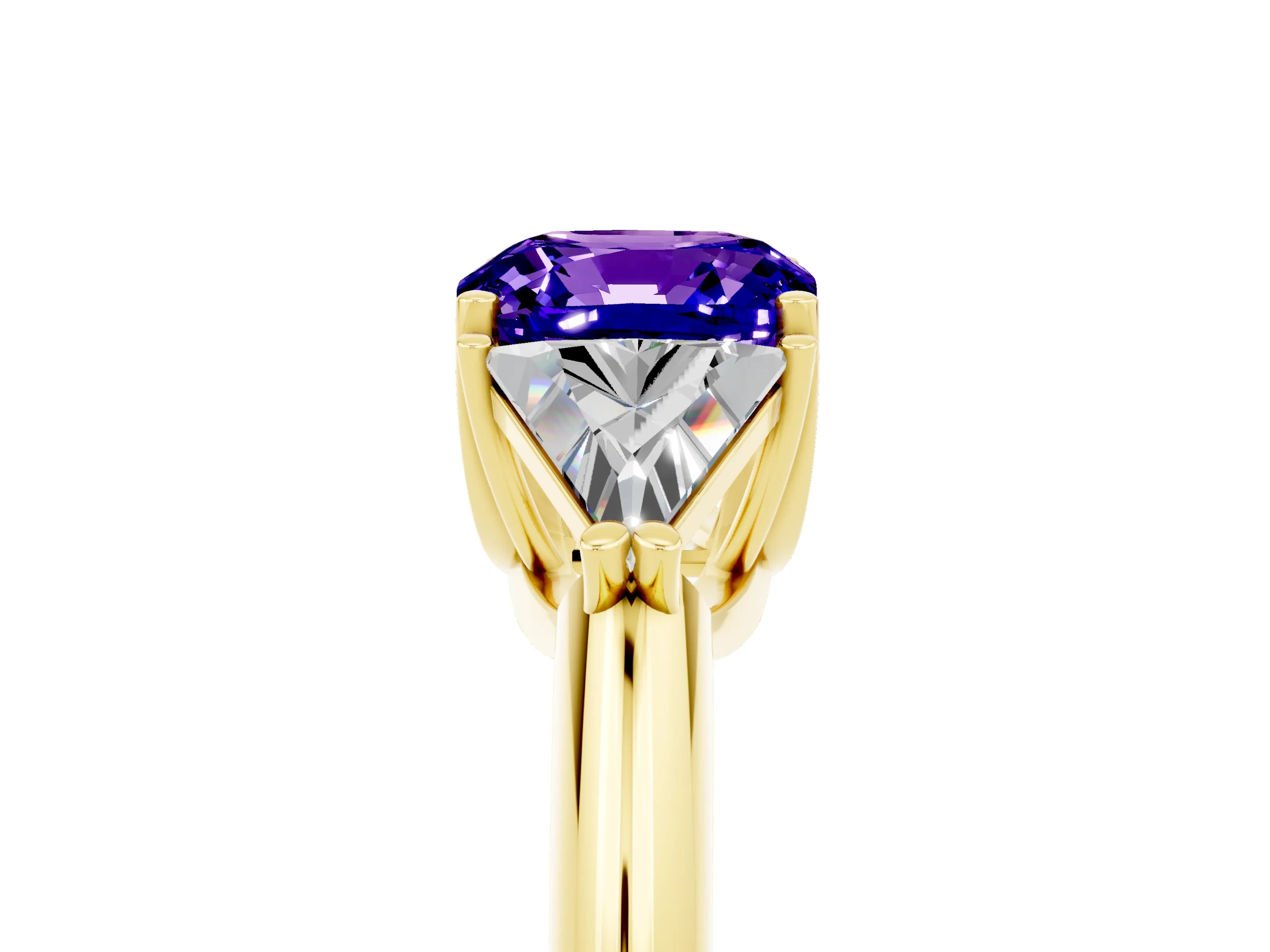 Yellow gold Three-Stone Cushion Cut Cut Diamond Ring with Trillion Side Stones and Four-Prong Setting_5