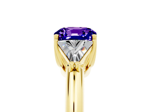 Yellow gold Three-Stone Cushion Cut Cut Diamond Ring with Trillion Side Stones and Four-Prong Setting_5