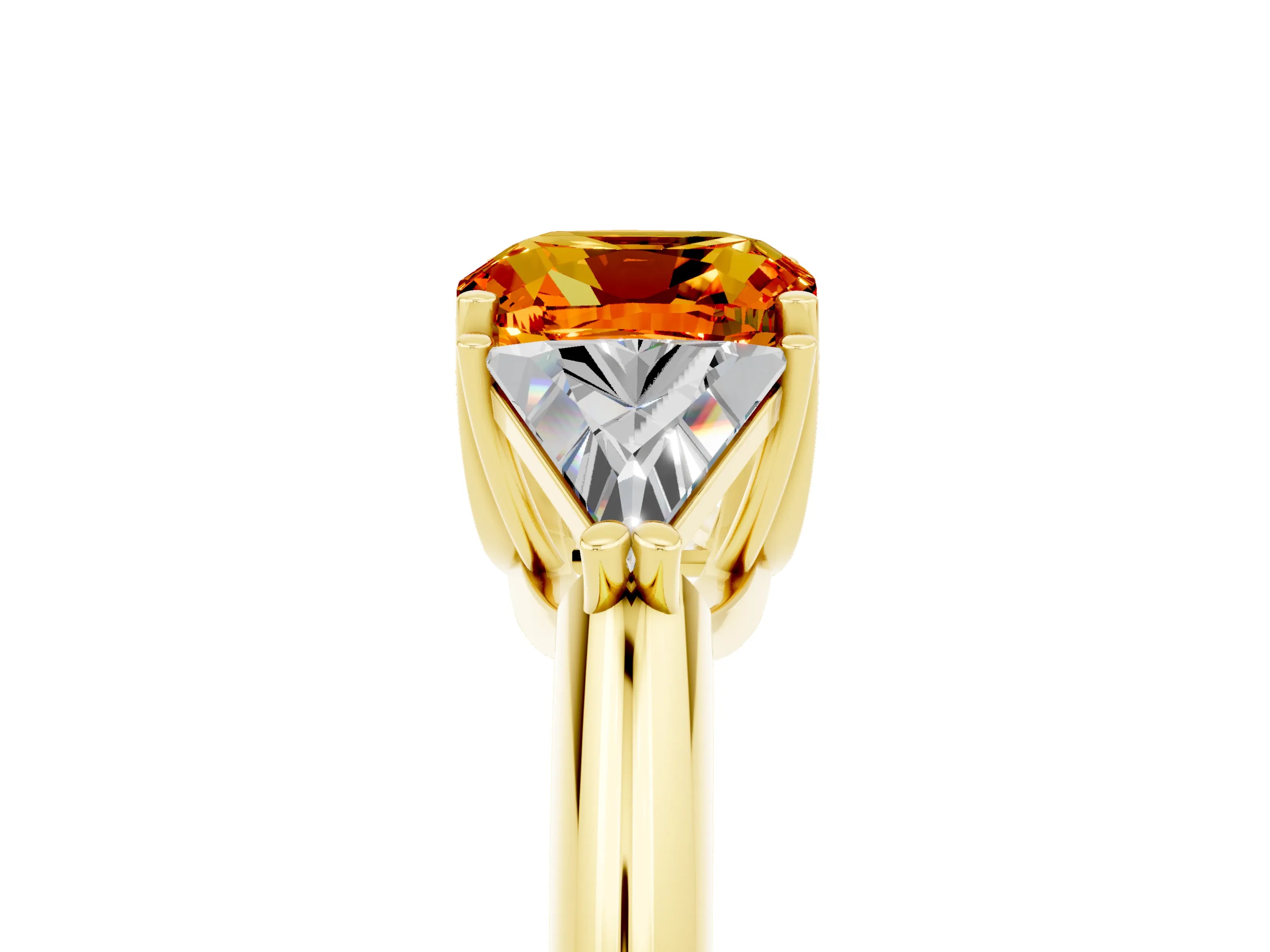 Yellow gold Three-Stone Cushion Cut Cut Diamond Ring with Trillion Side Stones and Four-Prong Setting_5