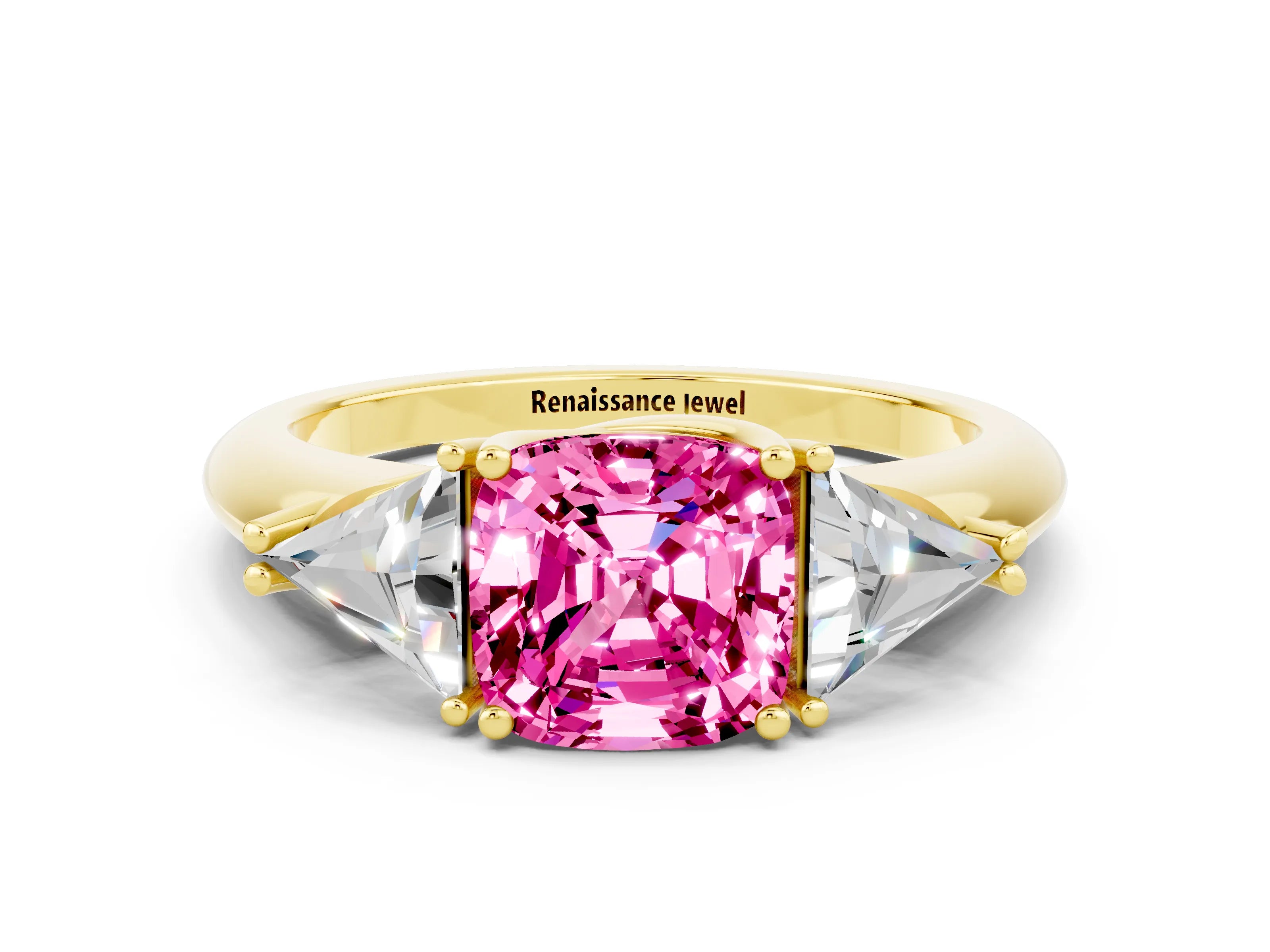 Yellow gold Three-Stone Cushion Cut Cut Diamond Ring with Trillion Side Stones and Four-Prong Setting