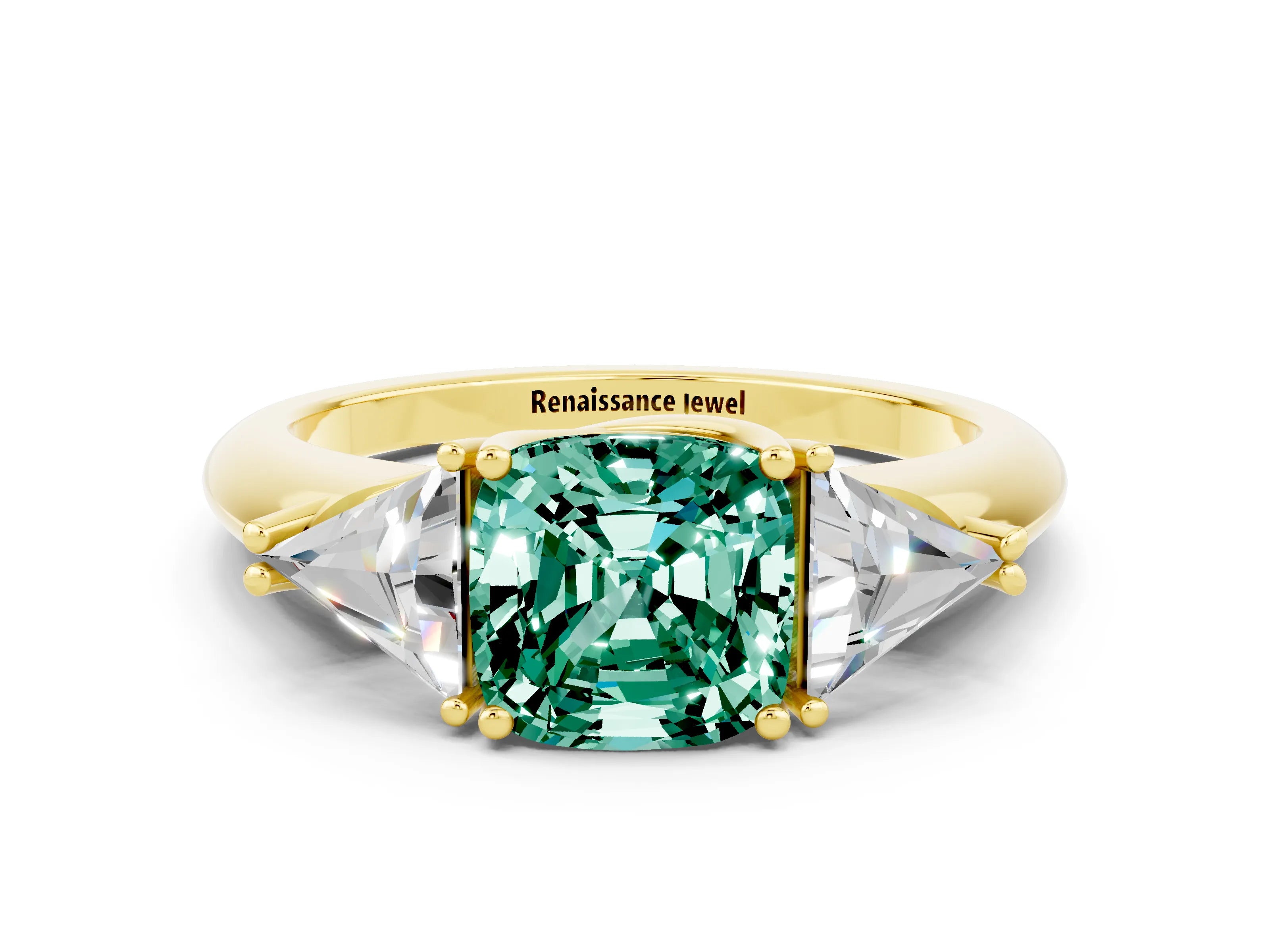 Yellow gold Three-Stone Cushion Cut Cut Diamond Ring with Trillion Side Stones and Four-Prong Setting