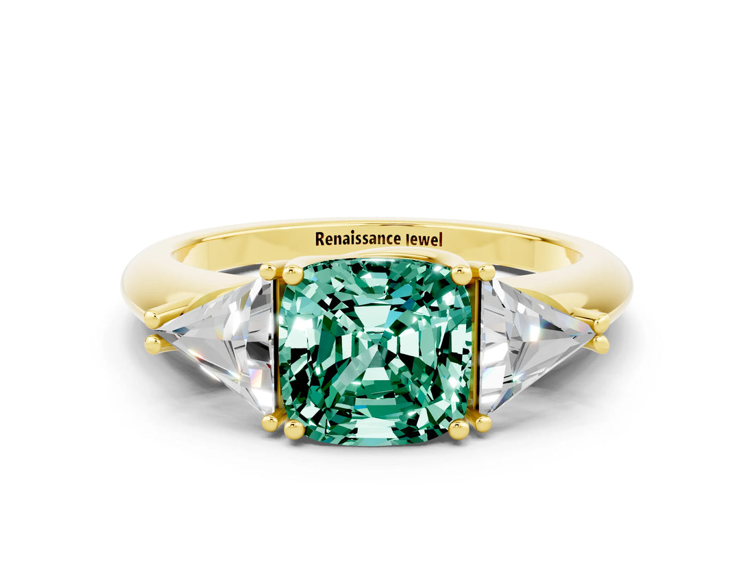 Yellow gold Three-Stone Cushion Cut Cut Diamond Ring with Trillion Side Stones and Four-Prong Setting