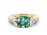 Yellow gold Three-Stone Cushion Cut Cut Diamond Ring with Trillion Side Stones and Four-Prong Setting