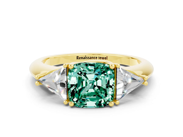Yellow gold Three-Stone Cushion Cut Cut Diamond Ring with Trillion Side Stones and Four-Prong Setting