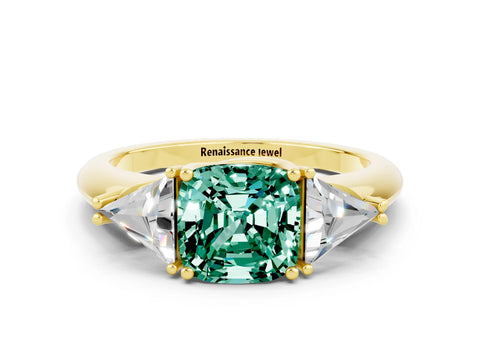 Yellow gold Three-Stone Cushion Cut Cut Diamond Ring with Trillion Side Stones and Four-Prong Setting