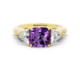 Yellow gold Three-Stone Cushion Cut Cut Diamond Ring with Trillion Side Stones and Four-Prong Setting