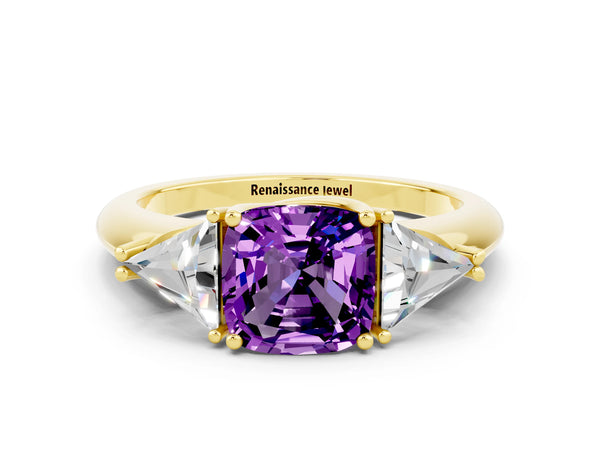 Yellow gold Three-Stone Cushion Cut Amethyst Engagement Ring with Trillion Side Stones and Prong Setting