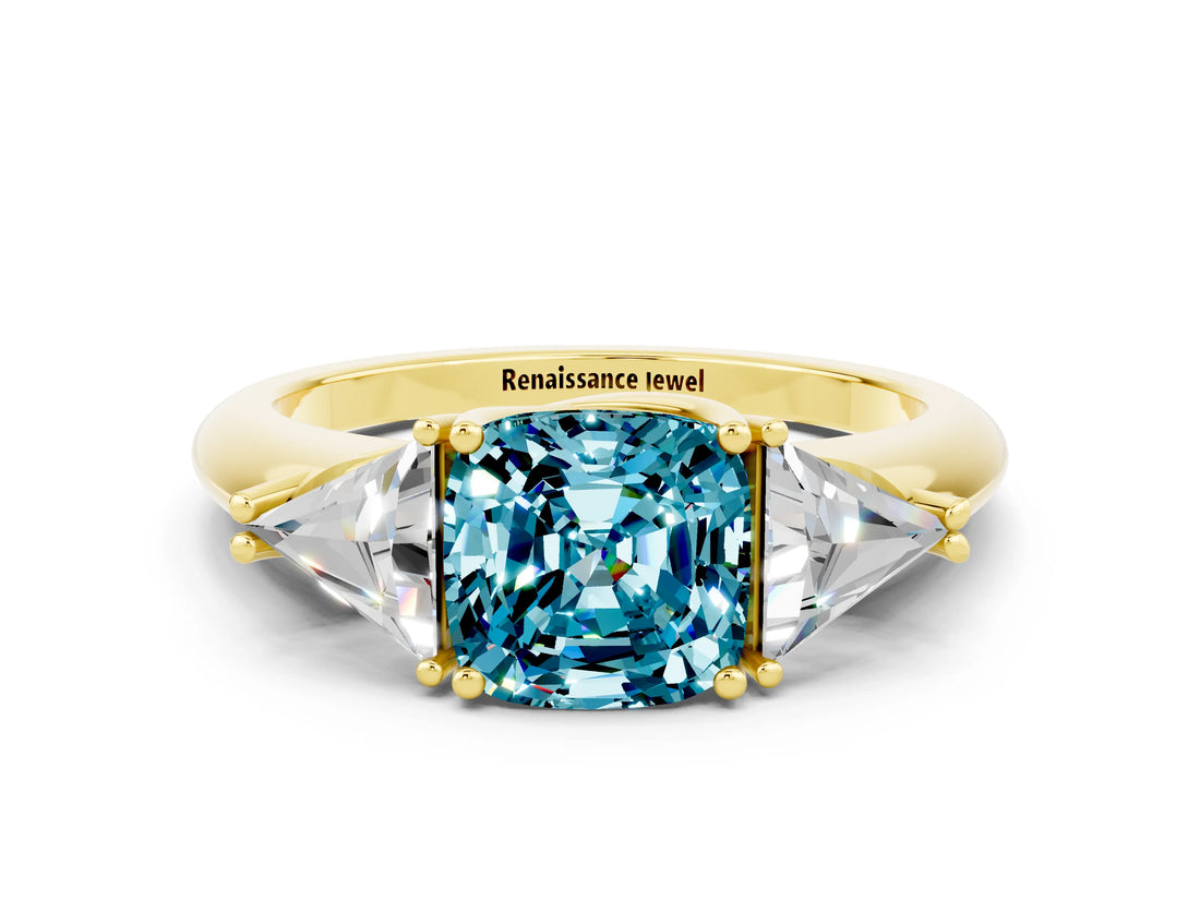 Yellow gold Three-Stone Cushion Cut Cut Diamond Ring with Trillion Side Stones and Four-Prong Setting