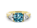 Yellow gold Three-Stone Cushion Cut Cut Diamond Ring with Trillion Side Stones and Four-Prong Setting