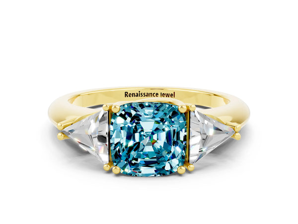 Yellow gold Three-Stone Cushion Cut Cut Diamond Ring with Trillion Side Stones and Four-Prong Setting