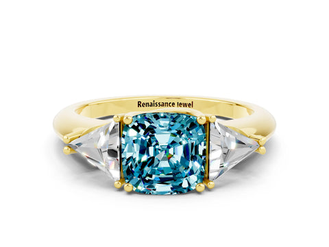 Yellow gold Three-Stone Cushion Cut Cut Diamond Ring with Trillion Side Stones and Four-Prong Setting