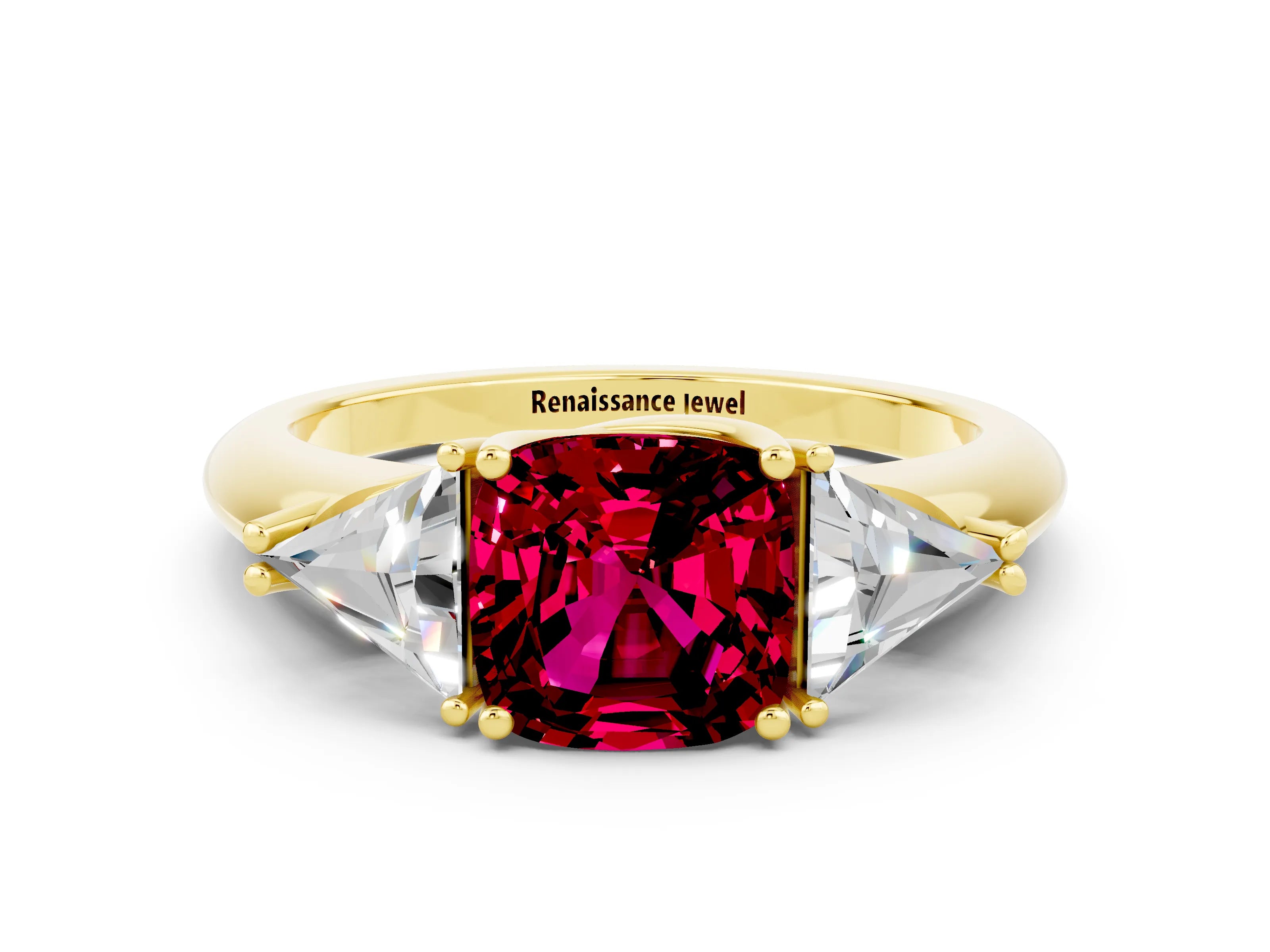 Yellow gold Three-Stone Cushion Cut Cut Diamond Ring with Trillion Side Stones and Four-Prong Setting