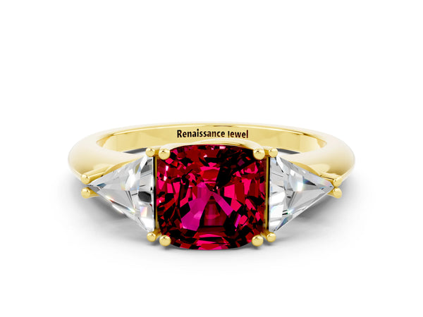 Yellow gold Three-Stone Cushion Cut Garnet Engagement Ring with Trillion Side Stones and Prong Setting