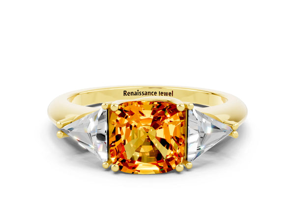 Yellow gold Three-Stone Cushion Cut Citrine Engagement Ring with Trillion Side Stones and Prong Setting