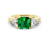 Yellow gold Three-Stone Cushion Cut Cut Diamond Ring with Trillion Side Stones and Four-Prong Setting
