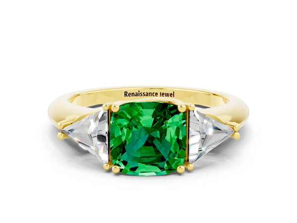 Yellow gold Three-Stone Cushion Cut Emerald Engagement Ring with Trillion Side Stones and Prong Setting