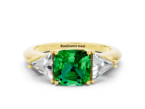 Yellow gold Three-Stone Cushion Cut Cut Diamond Ring with Trillion Side Stones and Four-Prong Setting