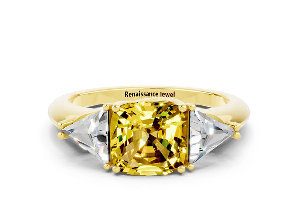 Yellow gold Three-Stone Cushion Cut Yellow Sapphire Engagement Ring with Trillion Side Stones and Prong Setting
