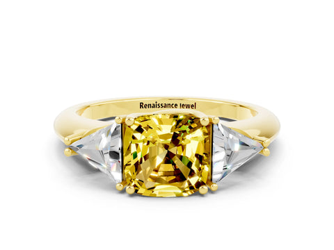 Yellow gold Three-Stone Cushion Cut Cut Diamond Ring with Trillion Side Stones and Four-Prong Setting