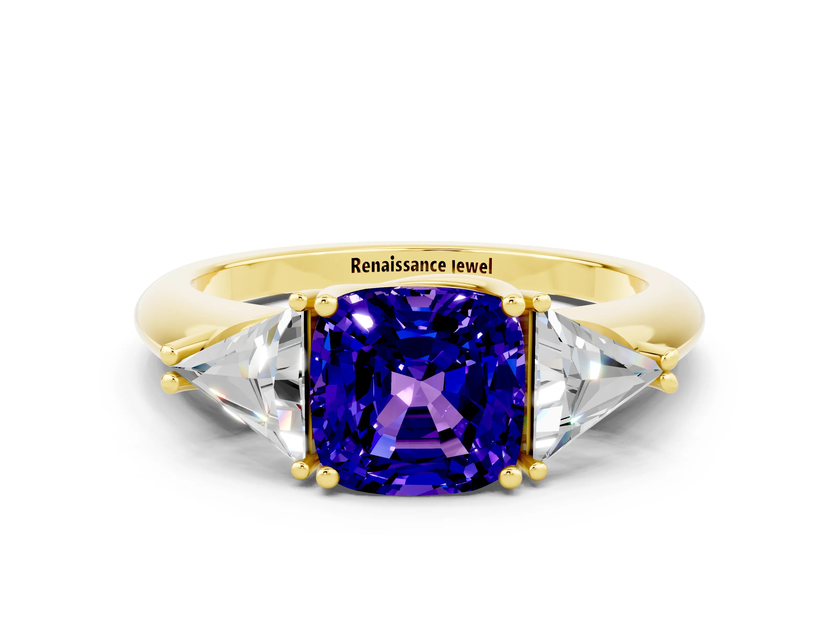 Yellow gold Three-Stone Cushion Cut Cut Diamond Ring with Trillion Side Stones and Four-Prong Setting