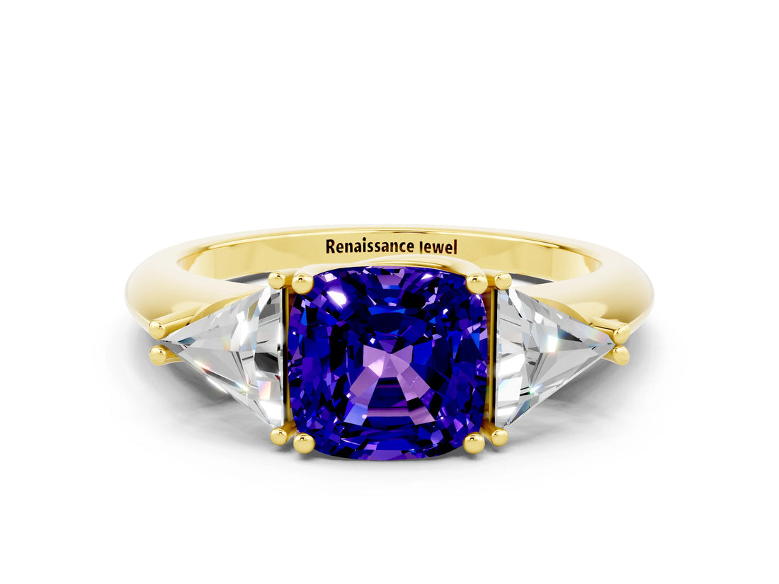 Yellow gold Three-Stone Cushion Cut Cut Diamond Ring with Trillion Side Stones and Four-Prong Setting