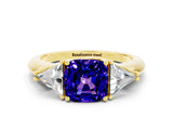 Yellow gold Three-Stone Cushion Cut Cut Diamond Ring with Trillion Side Stones and Four-Prong Setting