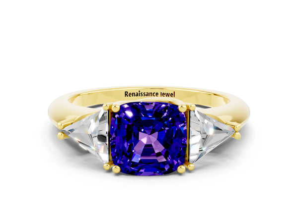 Yellow gold Three-Stone Cushion Cut Tanzanite Engagement Ring with Trillion Side Stones and Prong Setting