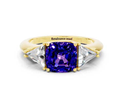 Yellow gold Three-Stone Cushion Cut Cut Diamond Ring with Trillion Side Stones and Four-Prong Setting