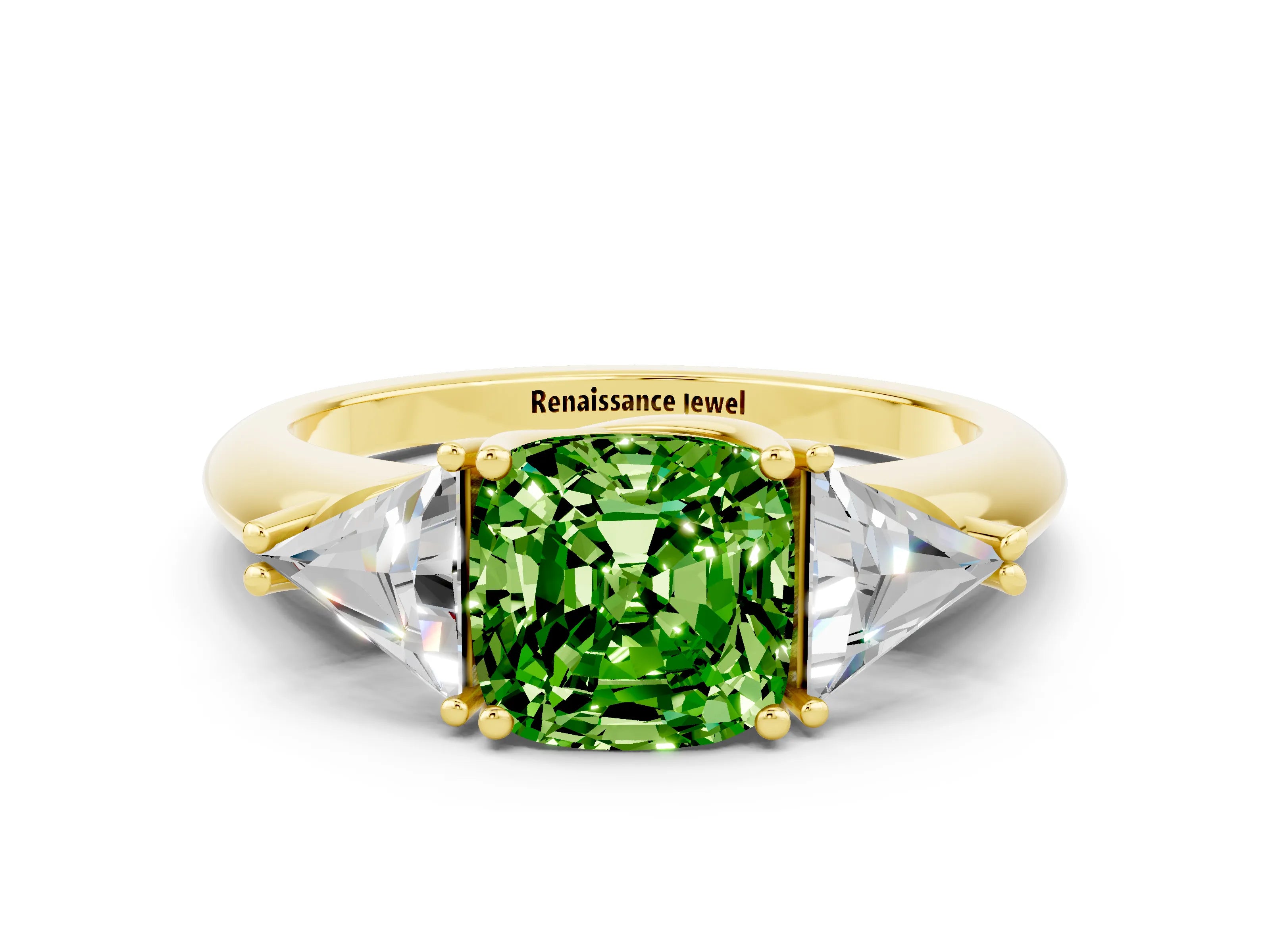Yellow gold Three-Stone Cushion Cut Cut Diamond Ring with Trillion Side Stones and Four-Prong Setting