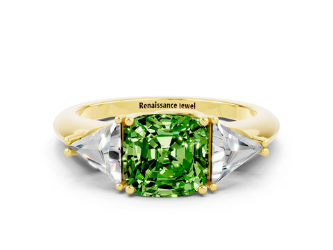 Yellow gold Three-Stone Cushion Cut Cut Diamond Ring with Trillion Side Stones and Four-Prong Setting