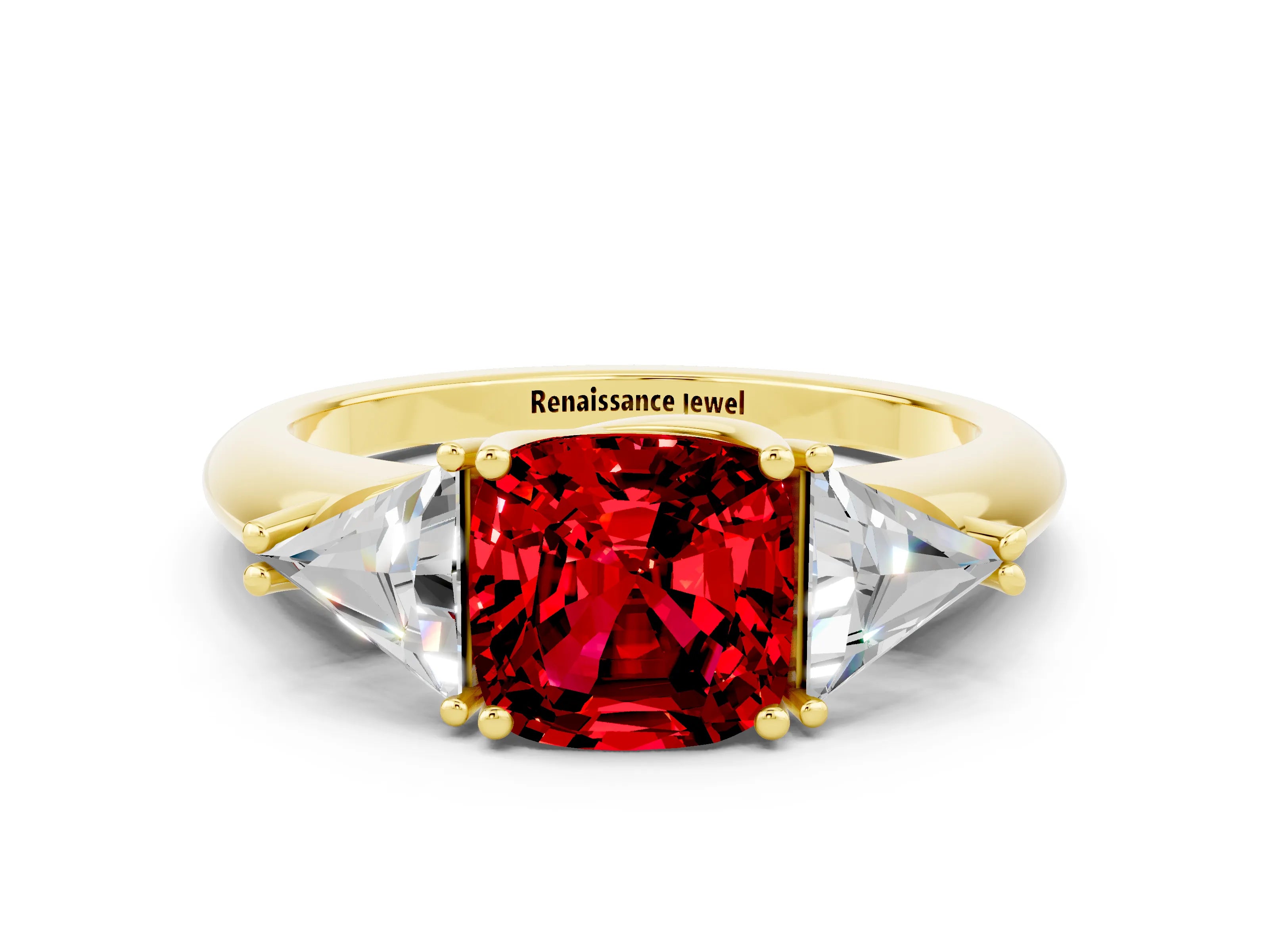 Yellow gold Three-Stone Cushion Cut Cut Diamond Ring with Trillion Side Stones and Four-Prong Setting