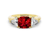 Yellow gold Three-Stone Cushion Cut Cut Diamond Ring with Trillion Side Stones and Four-Prong Setting