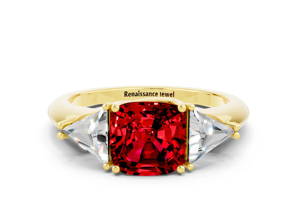 Yellow gold Three-Stone Cushion Cut Cut Diamond Ring with Trillion Side Stones and Four-Prong Setting