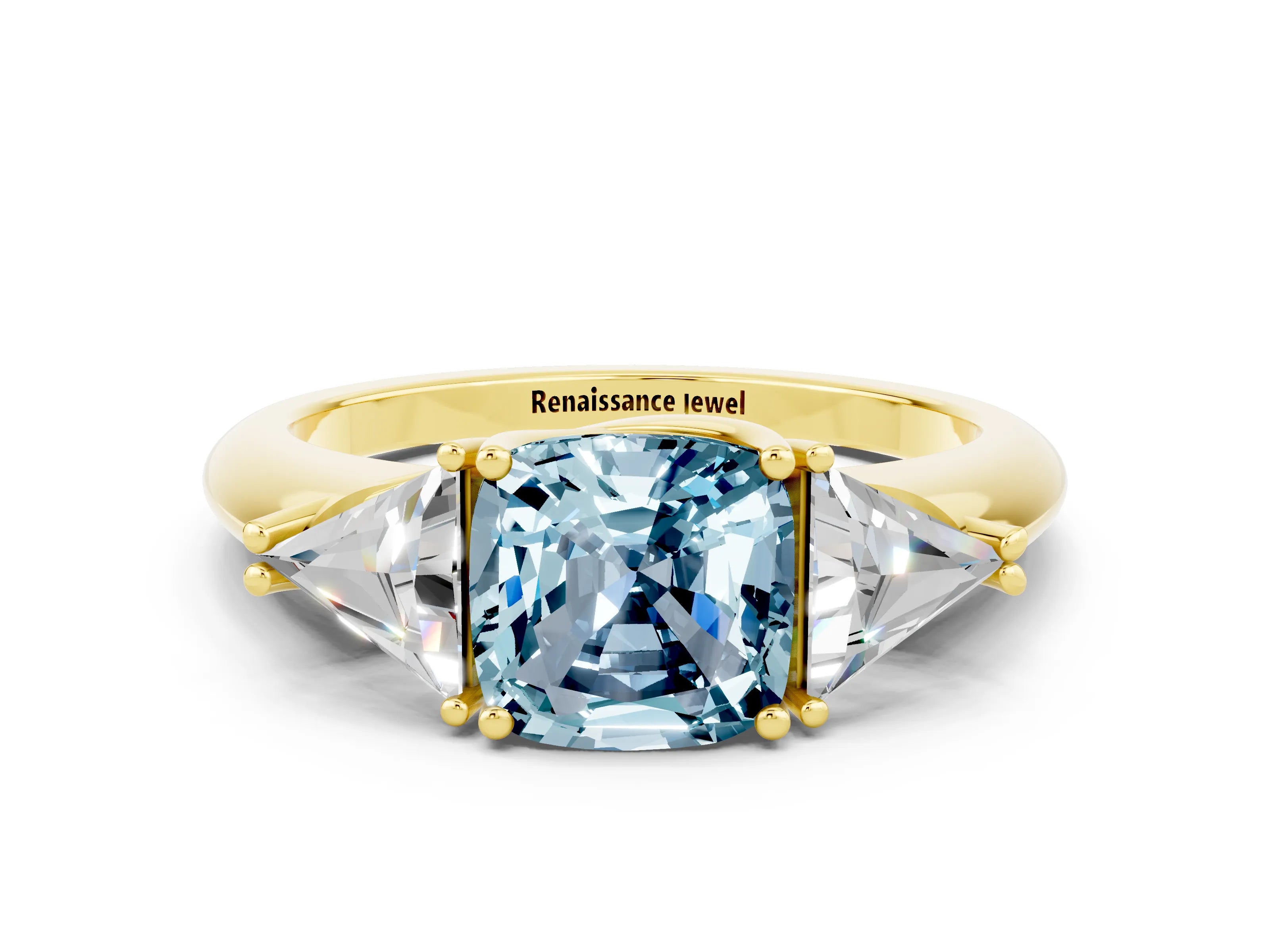 Yellow gold Three-Stone Cushion Cut Cut Diamond Ring with Trillion Side Stones and Four-Prong Setting
