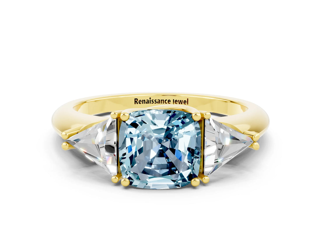 Yellow gold Three-Stone Cushion Cut Cut Diamond Ring with Trillion Side Stones and Four-Prong Setting