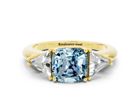 Yellow gold Three-Stone Cushion Cut Cut Diamond Ring with Trillion Side Stones and Four-Prong Setting