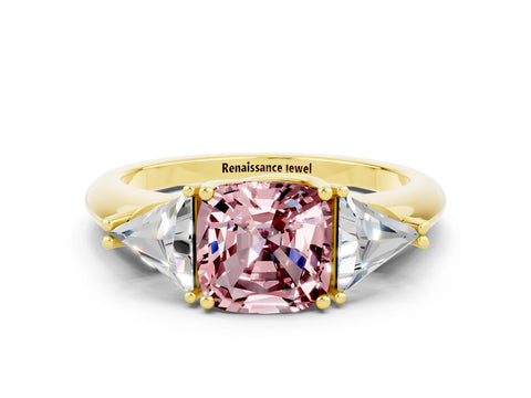 Yellow gold Three-Stone Cushion Cut Cut Diamond Ring with Trillion Side Stones and Four-Prong Setting
